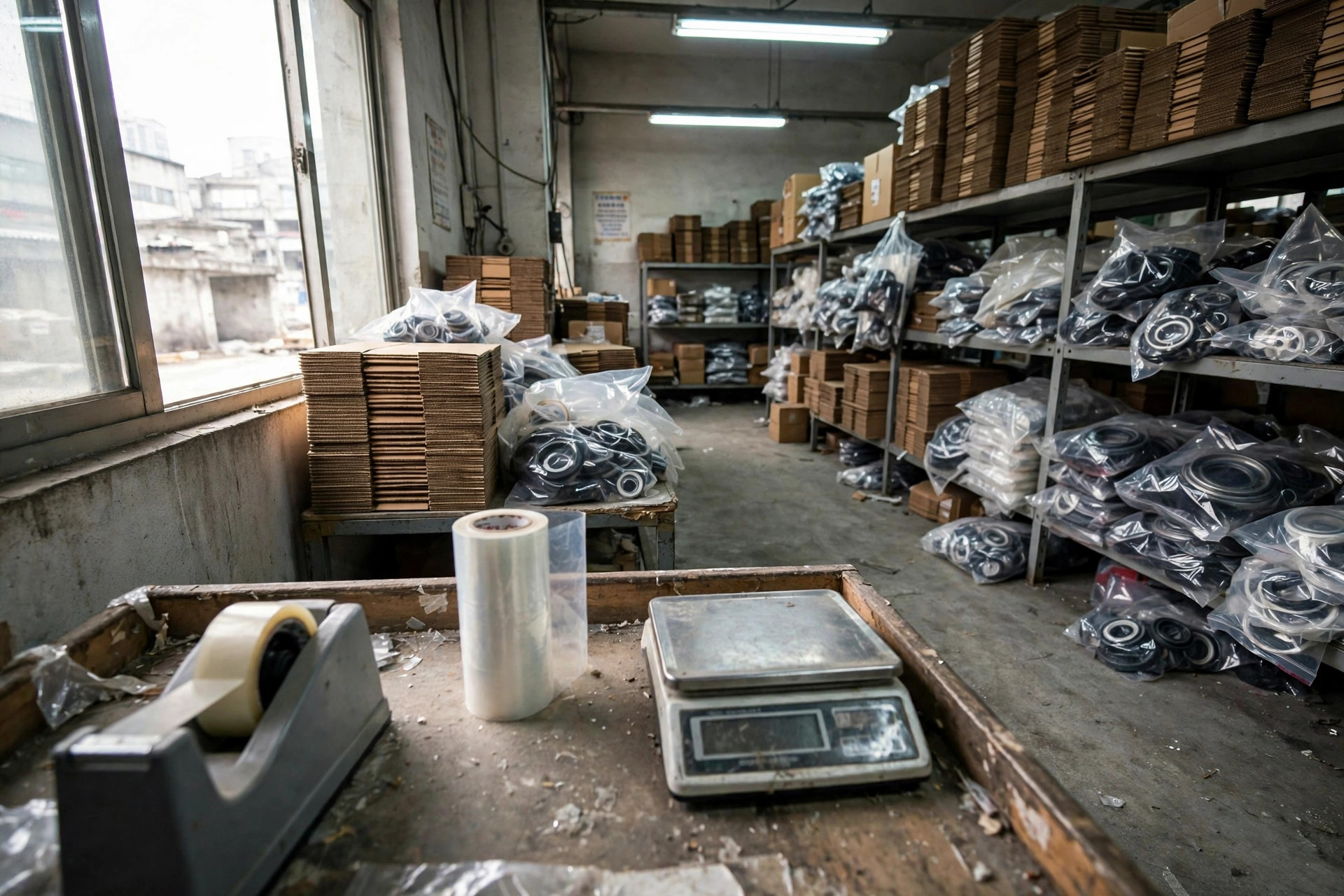 Warehouse shelves stocked with bagged seal kits and cartons, packing bench with scale in the foreground