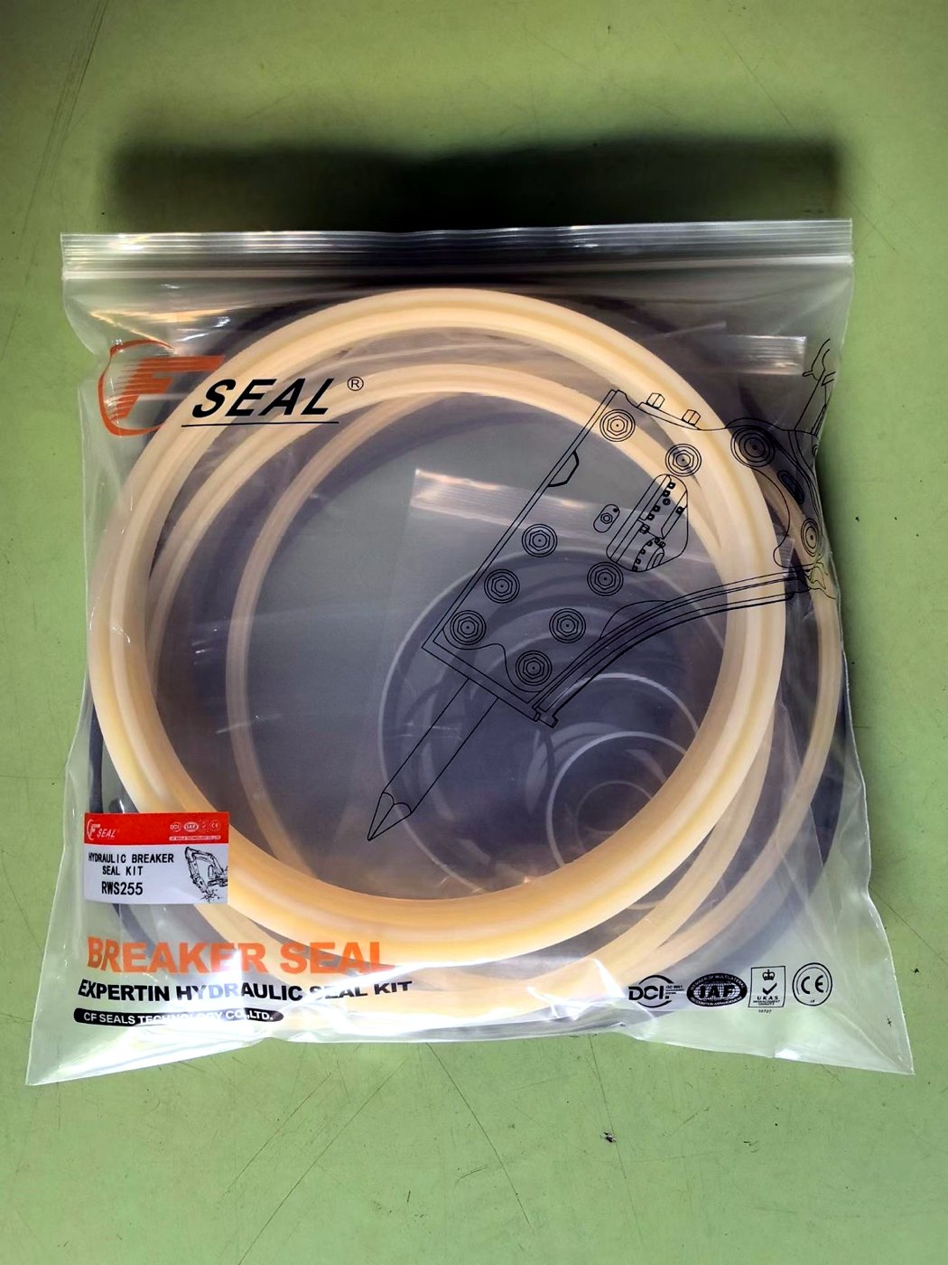 Seal kit RWS255 in its sealed bag on the green workbench